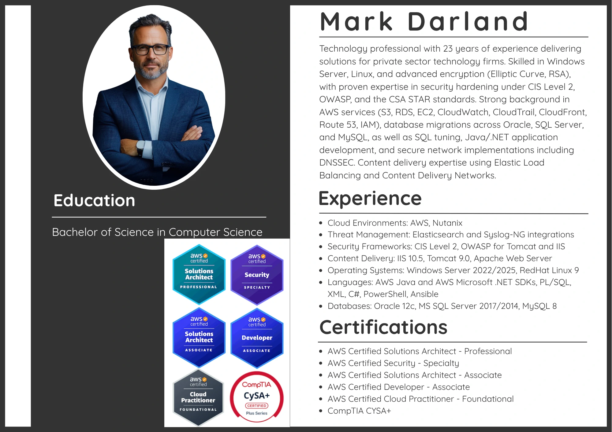 Mark Darland résumé covering Linux administration, AWS Solutions Architect and Security certifications, enterprise experience, and a Bachelor of Science in Computer Science